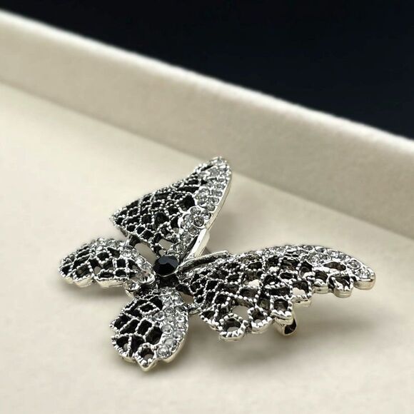 Silver with Onyx and White Diamond Crystal Filigree Butterfly Pin Back Brooch - Picture 6 of 7